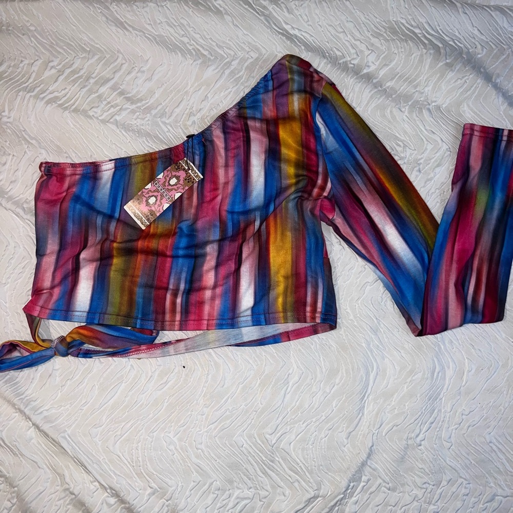 Boohoo Vibrant Striped Off-Shoulder Crop Top
